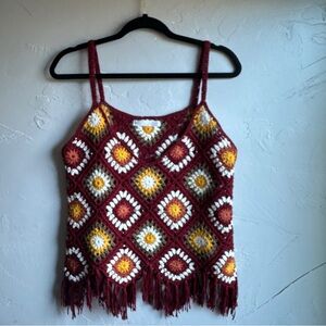SFERA Retro Boho Granny Square Crochet Crop Top Fringe Daisy Motif Sz L Festival
